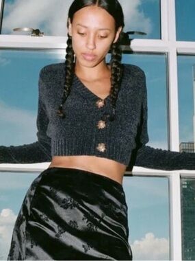 Urban Outfitters Honey Plush Cropped Cardigan Black/Gray Marled Chenille Size